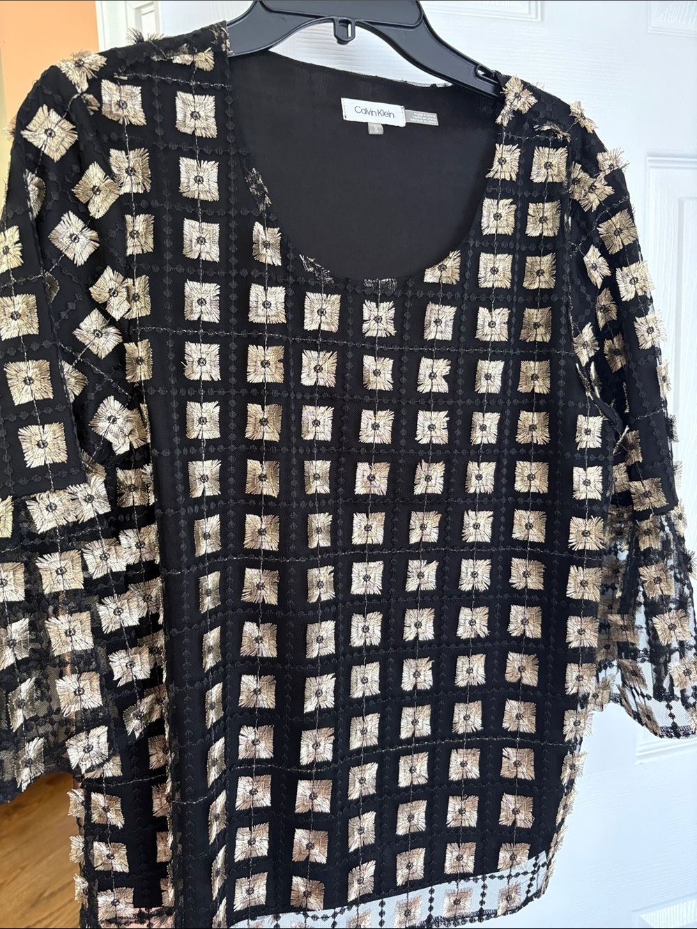 Calvin Klein Black Top with Gold Square Embroidery